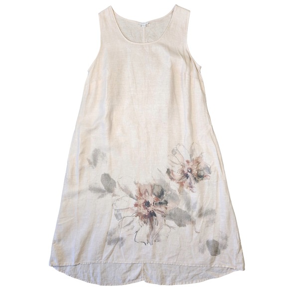 Pure Jill Linen Dress XL Beige Floral Lagenlook Peasant Beach Modest Feminine - Picture 1 of 7